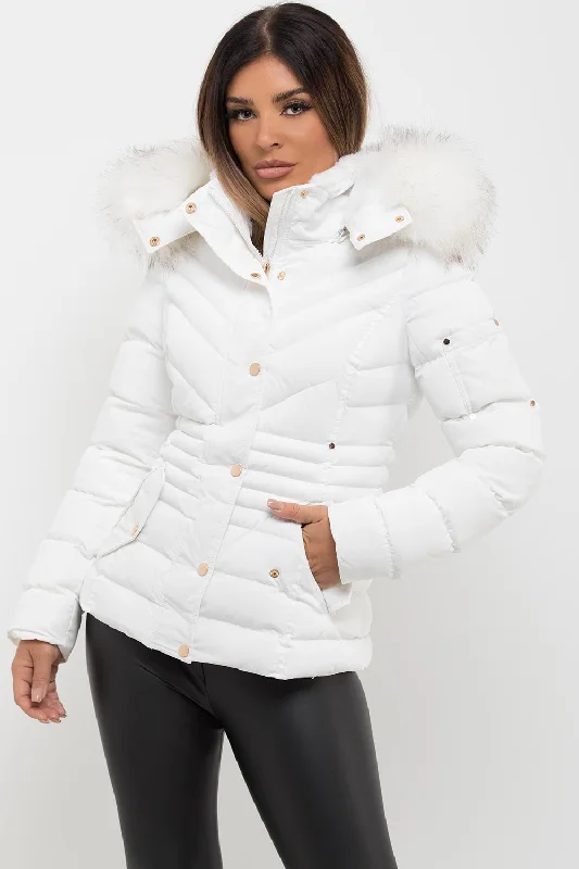 White Puffer Coat With Big Faux Fur Hood