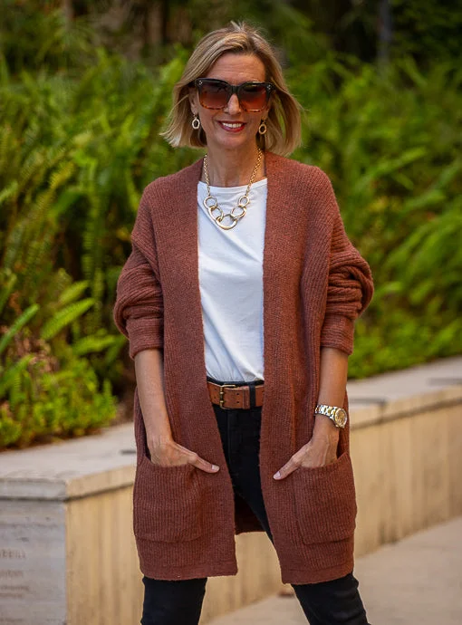 Cinnamon Long Textured Cardigan With Pockets