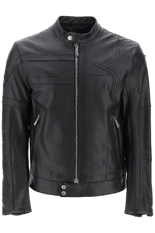 Dsquared2 leather biker jacket with contrasting lettering S71AN0457 SY1628 BLACK