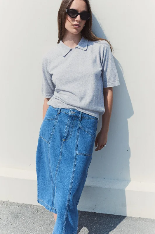 Frilla Skirt Medi Blue Denim