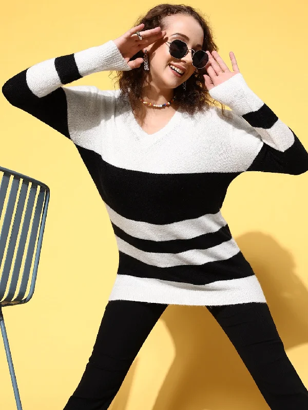 Women White & Black Striped Rib V Neck Sweater