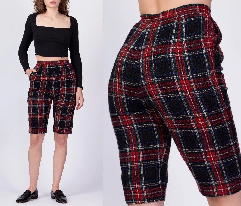 70s Red & Black Plaid Long Fitted Shorts - Extra Small, 24""