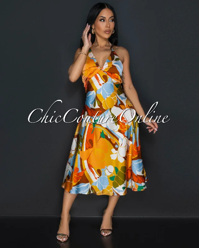 Amira Orange Mustard Floral Halter Flowy Dress