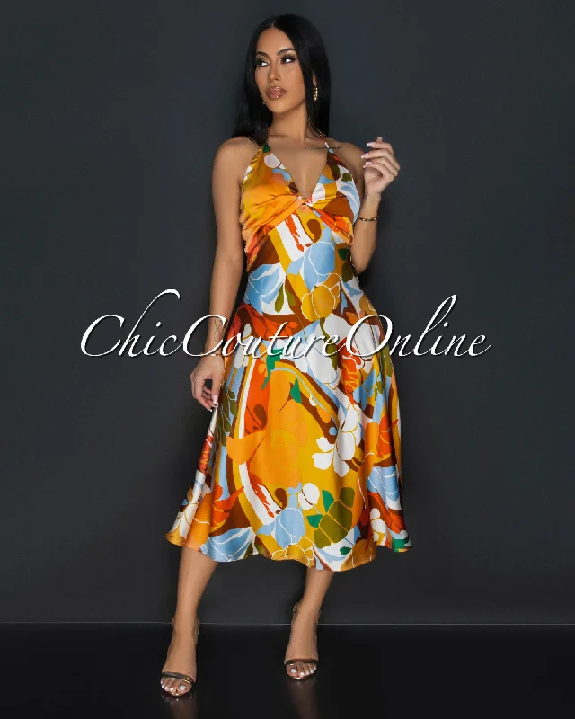 Amira Orange Mustard Floral Halter Flowy Dress