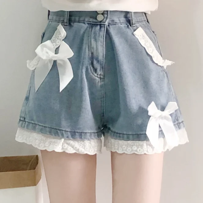 Cute bow lace denim shorts yv30833