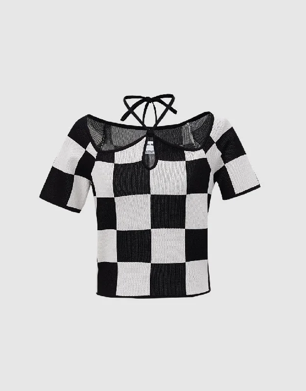 Checkered Halter Knitted Top