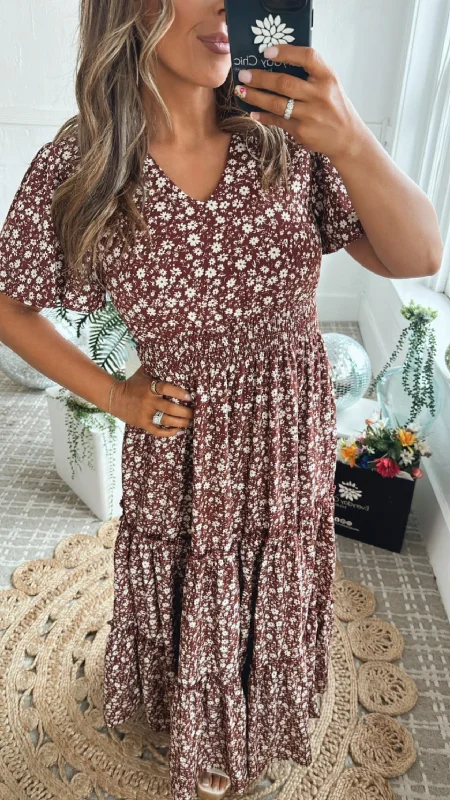 ECB Exclusive: Many Moments Floral Maxi Dress, Wine