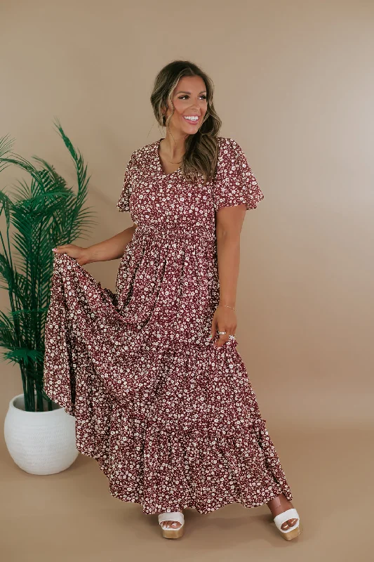 ECB Exclusive: Many Moments Floral Maxi Dress, Wine