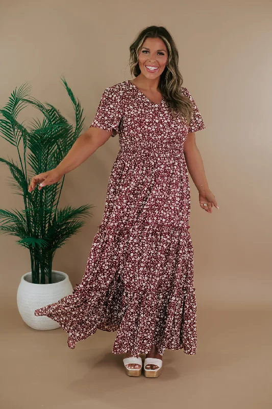 ECB Exclusive: Many Moments Floral Maxi Dress, Wine