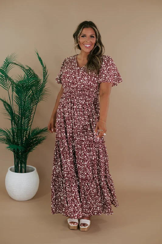 ECB Exclusive: Many Moments Floral Maxi Dress, Wine