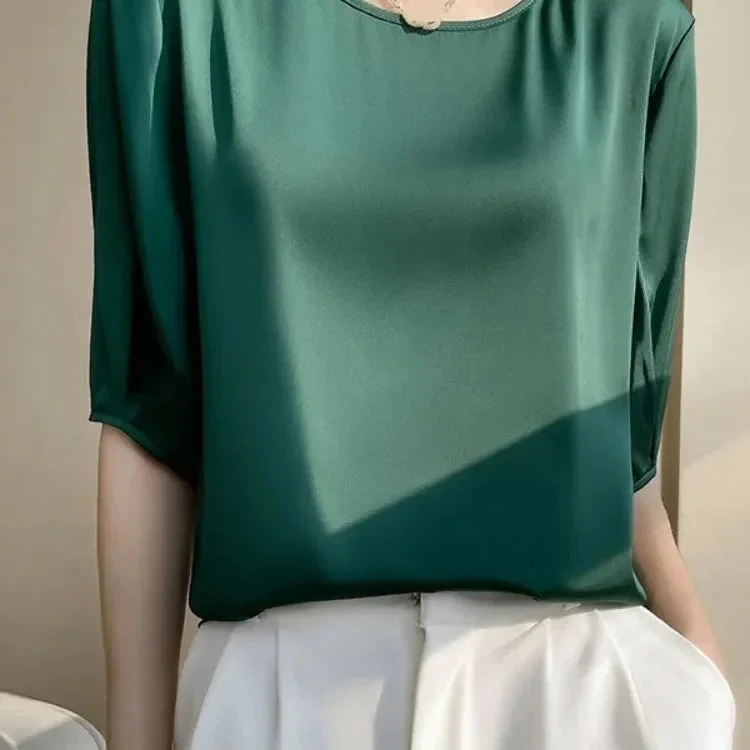 Summer Woman Silk Blouse Elegant T-shirt Simple Satin Office SmoothTops Aestetic