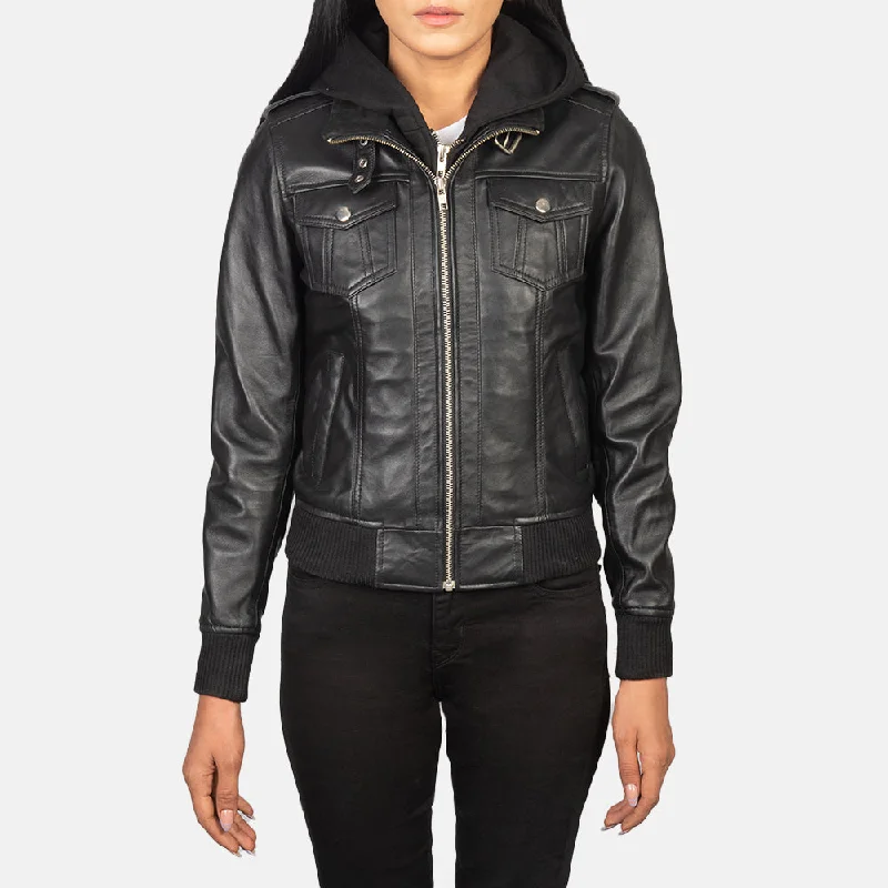 Roslyn Black Hooded Leather Bomber Jacket