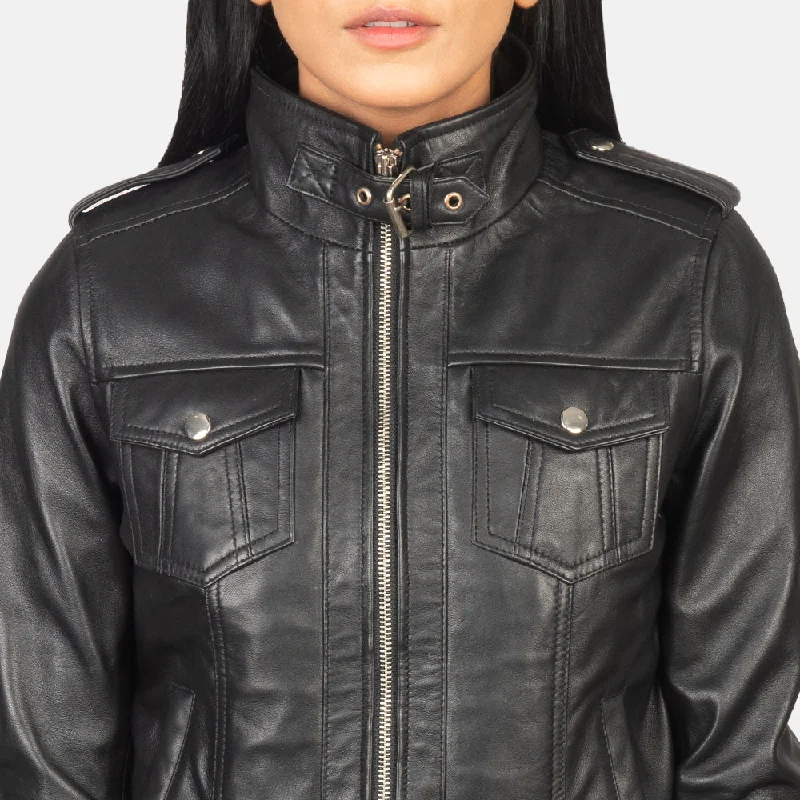 Roslyn Black Hooded Leather Bomber Jacket