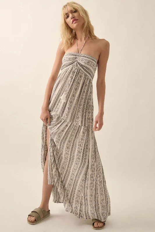 Traveling Soul Geo-Print Striped Halter Maxi Dress