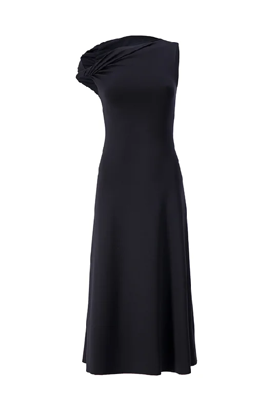 Twist Shoulder Midi Indi Dress in Black (Sold Out)