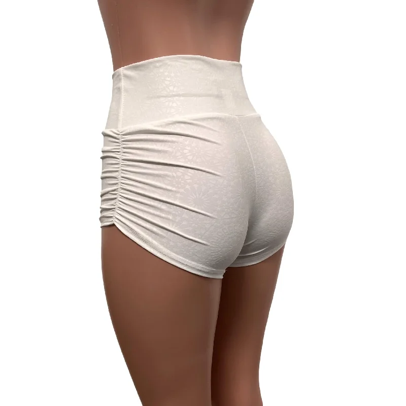 White Embossed Ruched Booty Shorts - Choose Low-Rise, Mid-Rise, Or High-Waist