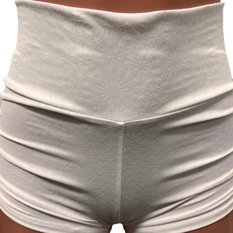 White Embossed Ruched Booty Shorts - Choose Low-Rise, Mid-Rise, Or High-Waist