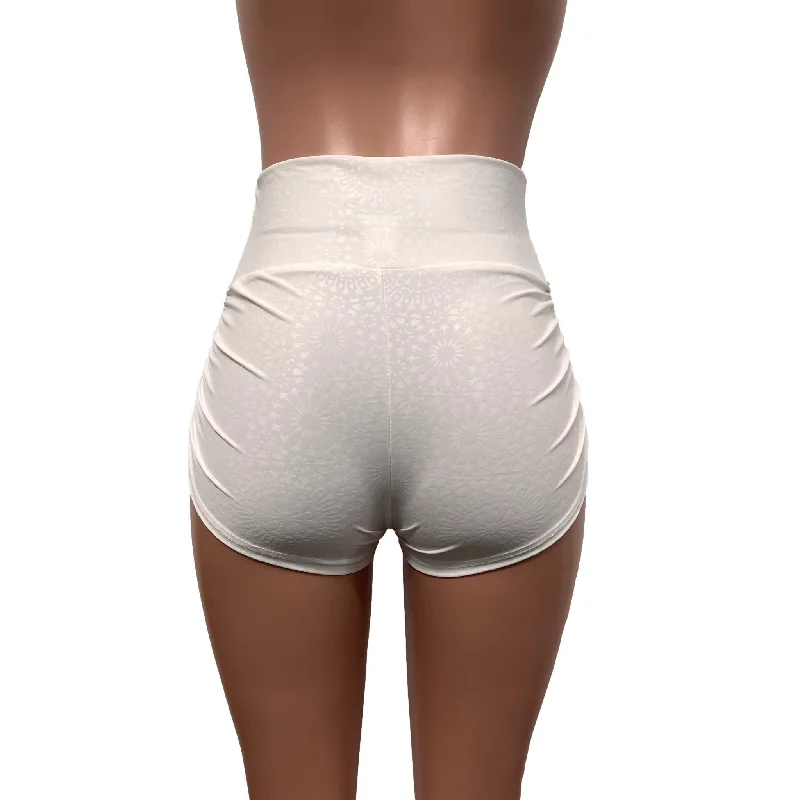 White Embossed Ruched Booty Shorts - Choose Low-Rise, Mid-Rise, Or High-Waist