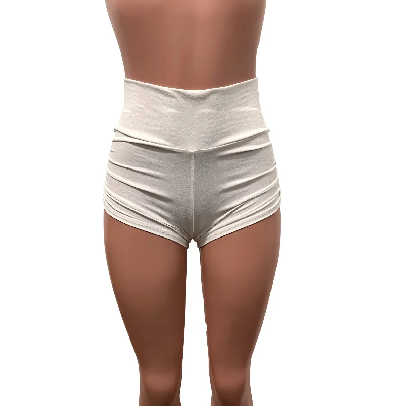 White Embossed Ruched Booty Shorts - Choose Low-Rise, Mid-Rise, Or High-Waist