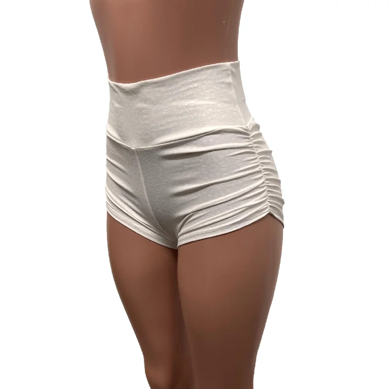 White Embossed Ruched Booty Shorts - Choose Low-Rise, Mid-Rise, Or High-Waist