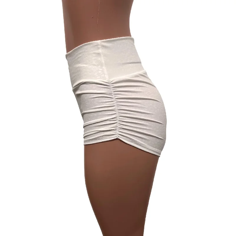 White Embossed Ruched Booty Shorts - Choose Low-Rise, Mid-Rise, Or High-Waist