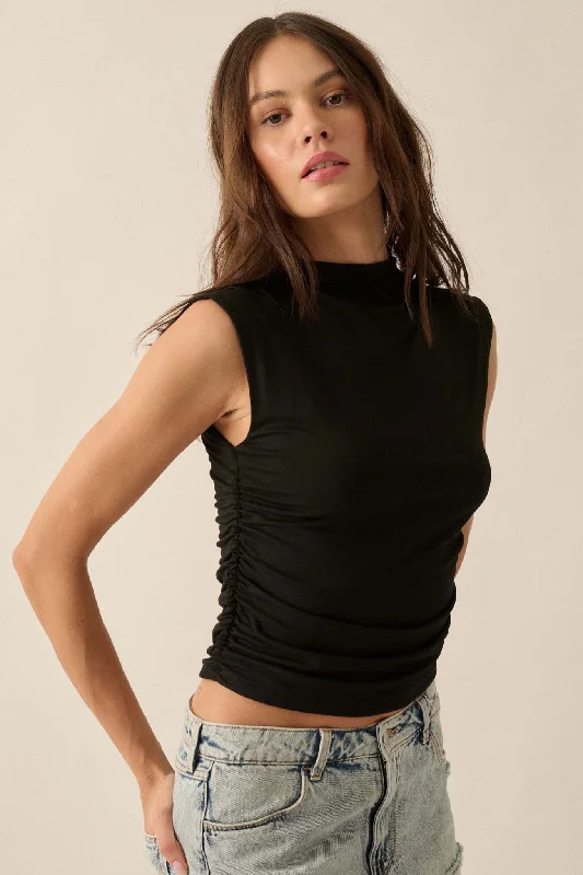 Essential Trends Ruched Sleeveless Mock-Neck Top