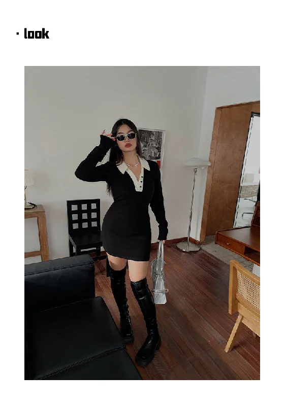 Kaydence White Collar Solid Color Black Long Sleeve Mini Dress