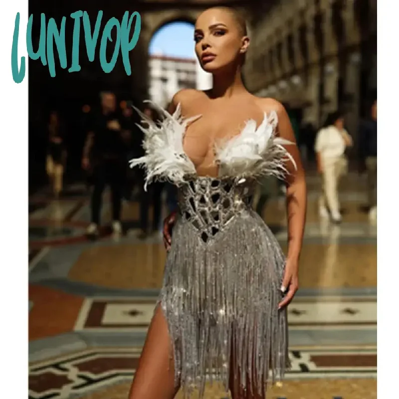 Lunivop Women Summer Sexy Strapless Backless Mirror Feather Diamonds Sparkly Mini Bodycon Dress 2024 Elegant Evening Party Dress Vestido