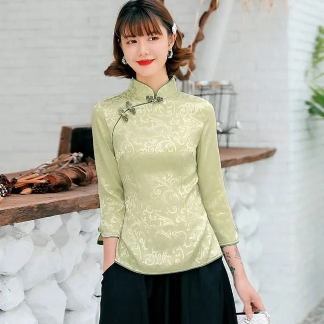 3/4 Sleeve Floral Pattern Fancy Cotton Cheongsam Top Chinese Shirt