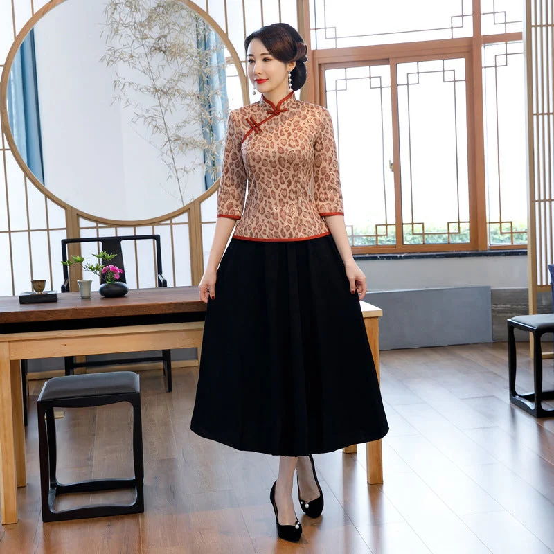 3/4 Sleeve Leopard Print Suede Cheongsam Top Chinese Blouse