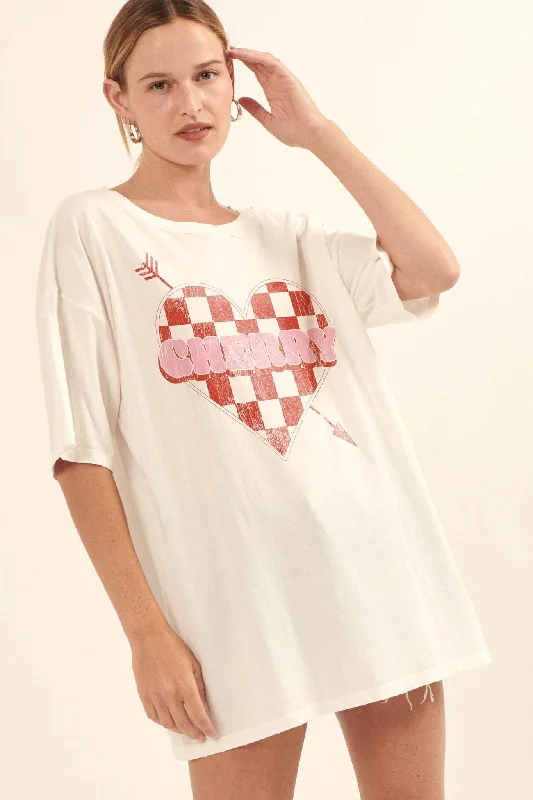 Cherry Love Checker Heart Distressed Graphic Tee