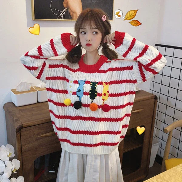 Cute cat embroidery striped sweater YV40747