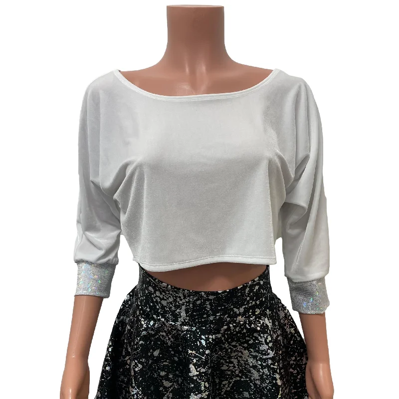 Dolman Crop Top in White Velvet