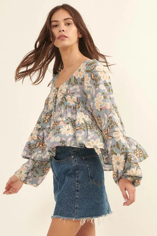 Flashy Flowers Floral Babydoll Peasant Top