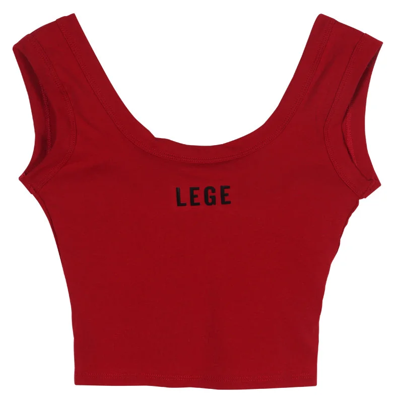 LEGE Letter Print Solid Color Wide Strap Sleeve Backless Slim Cropped Top