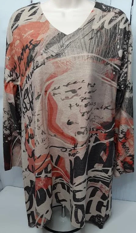 Shirt  Pullover Multi Color Biege  Abstract 3/4 Sleeve Women's-T485bM