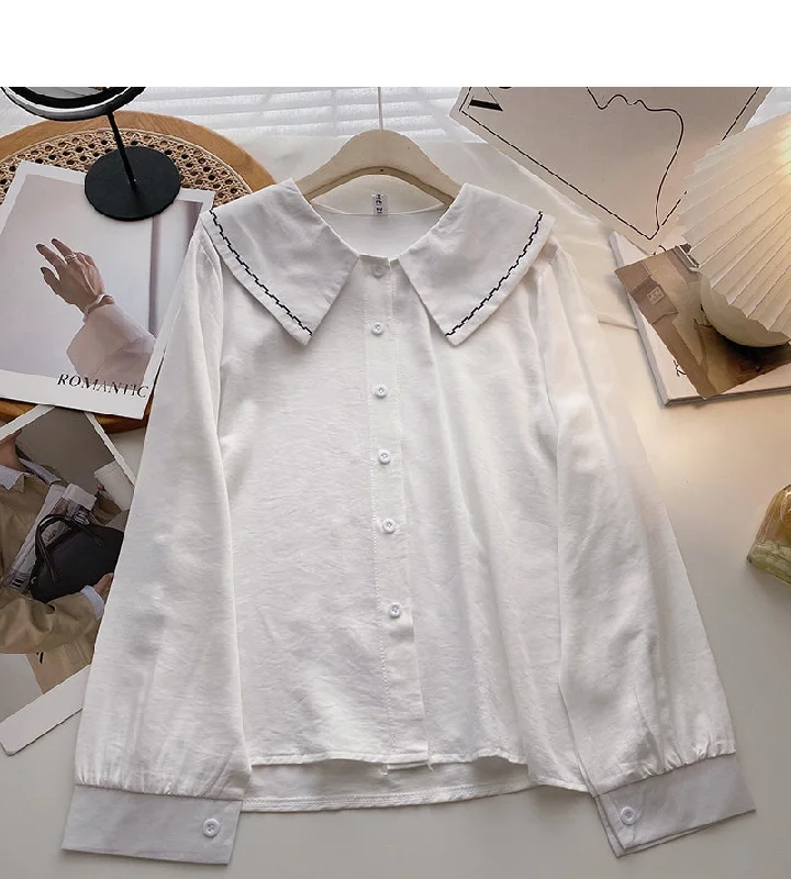 Solid color baby collar shirt long sleeve single breasted top  6422