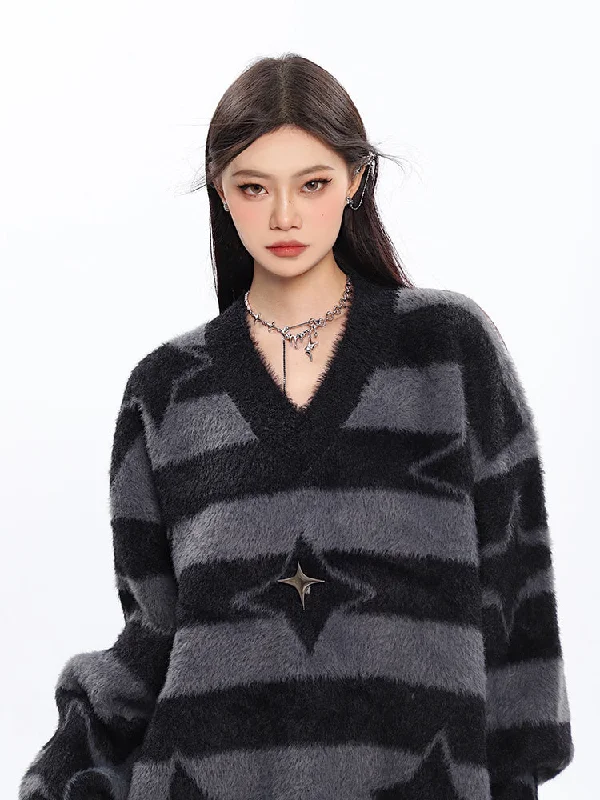 Twinkle Star Graphic Image Print Stripe V-Neck Long Sleeve Sweater