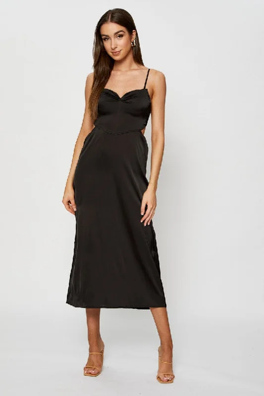 Black Midi Dress Cowl Neck Satin