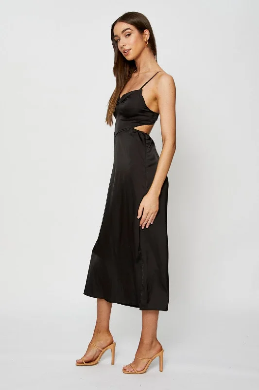 Black Midi Dress Cowl Neck Satin