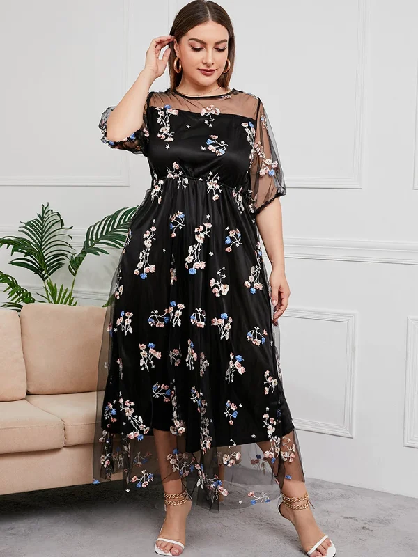 MegaBetty - Plus Size Floral Embroidery Sheer Overlay Dress