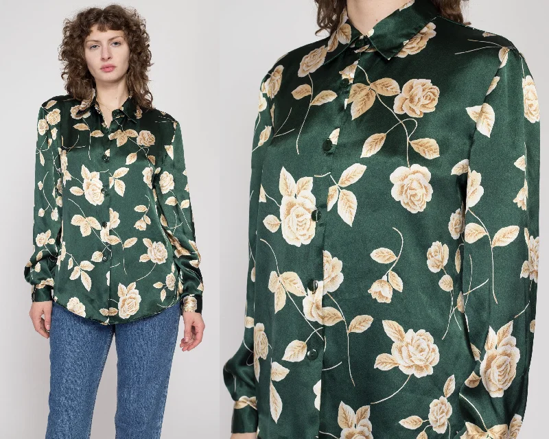 Large 90s Forest Green Floral Satin Blouse