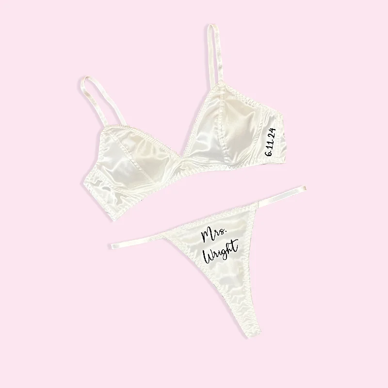 Sexy White Satin Bra Thong Bridal Set