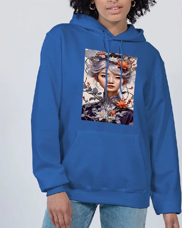 Beautiful Asian woman grey hair blossom Unisex Hoodie | Champion