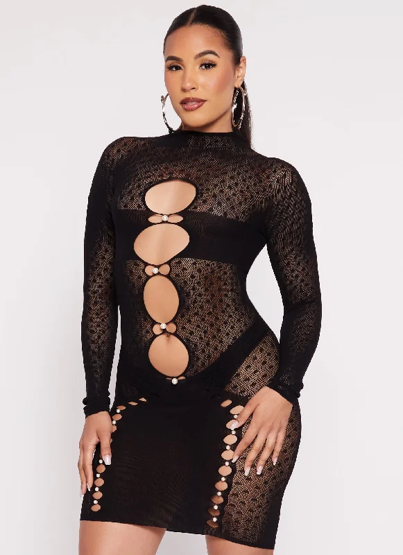 Seamless Fishnet Faux Pearl Cut Out Dress