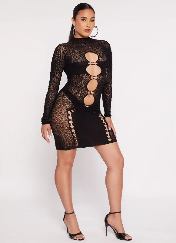 Seamless Fishnet Faux Pearl Cut Out Dress