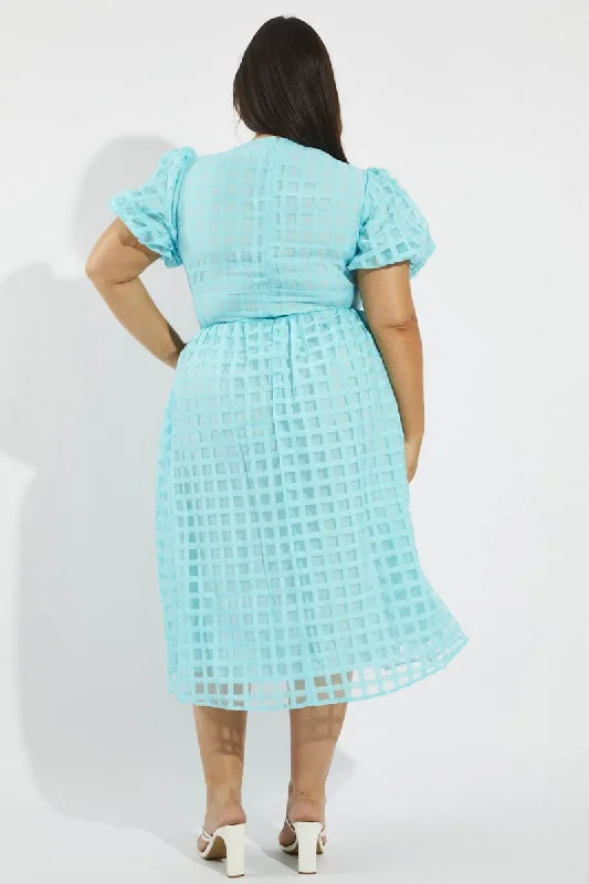 Blue Grid Check Midi Dress