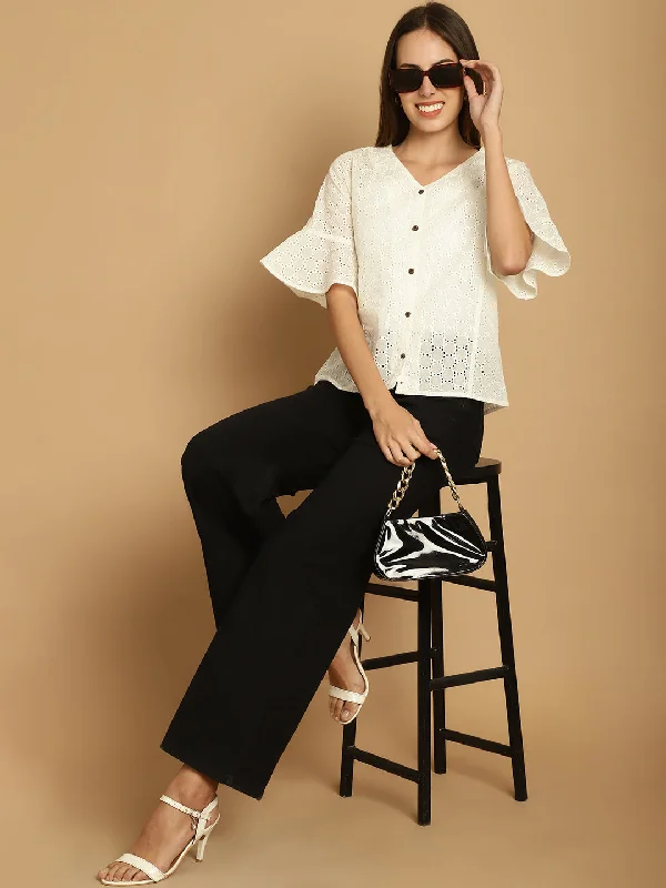 Embroidered Cotton V-Neck Top for Women