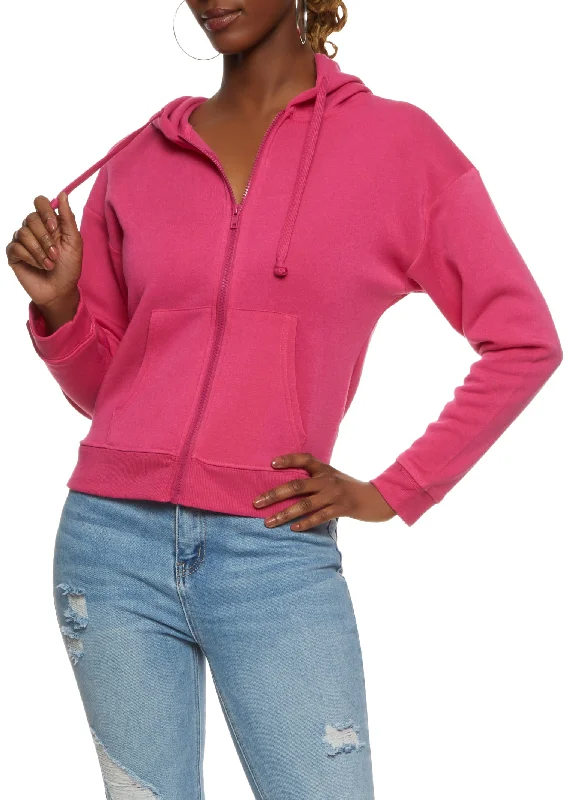 Fleece Solid Zip Front Hoodie