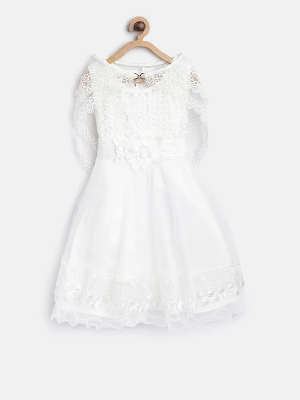 Gilr's White Pearls And Roses Embellished Party Dress With Shrug - StyleStone Kid